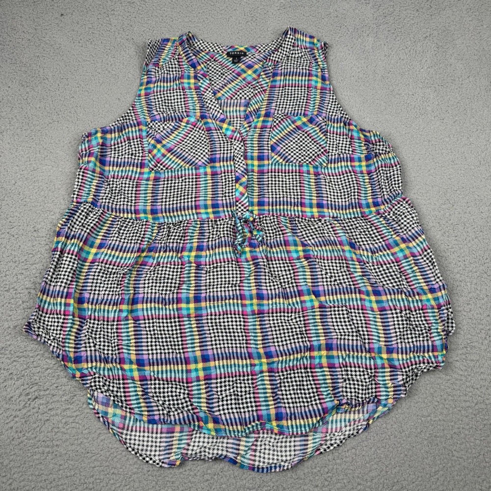 Torrid Blouse Womens 1 Plus 1X Plaid Houndstooth Sleeveless Peplum Tank Hi Low